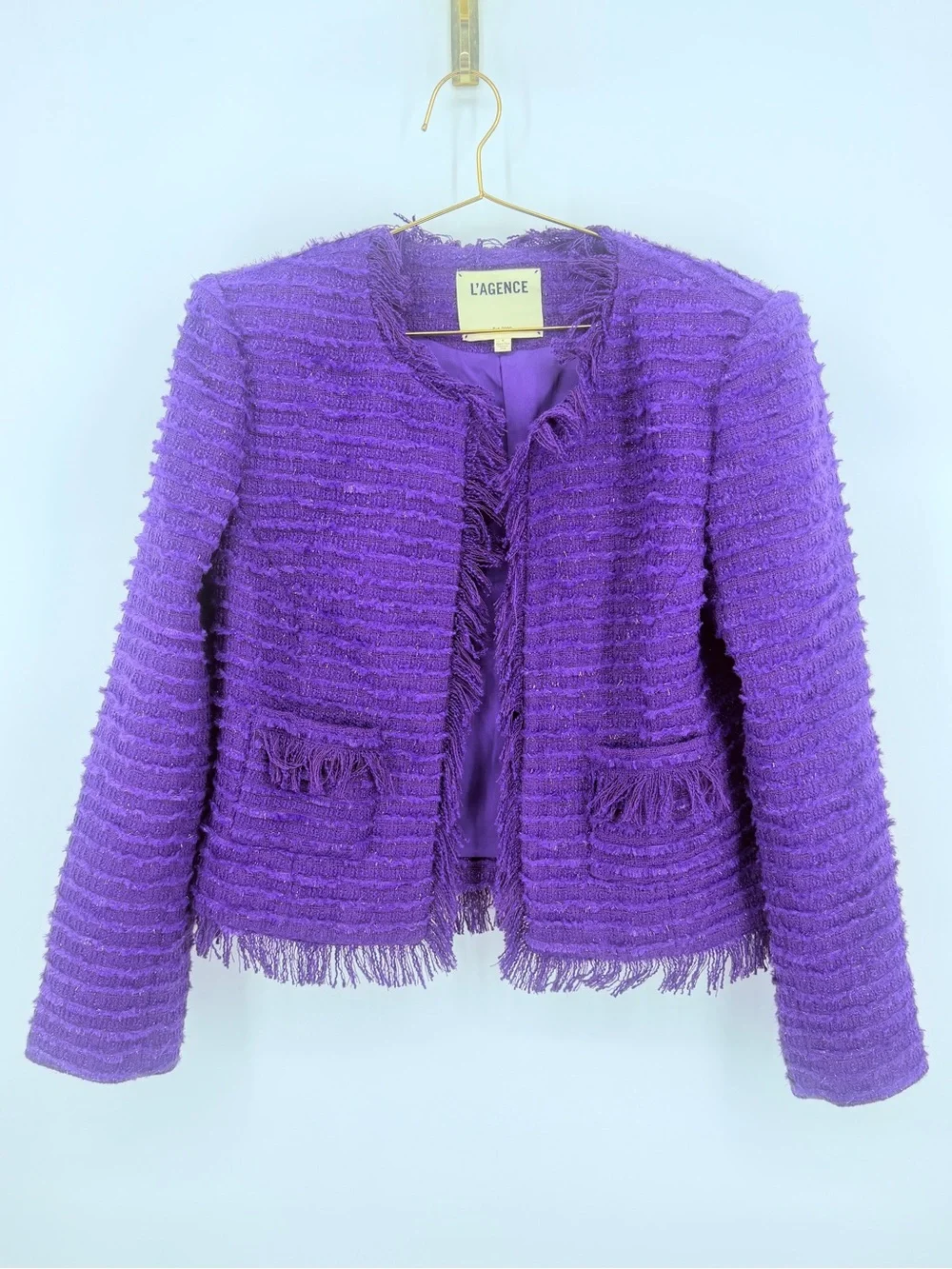 L’Agence Purple Tweed Fringe Jacket Blazer Wool Blend Womens Size 8 Open Front - Picture 1 of 8